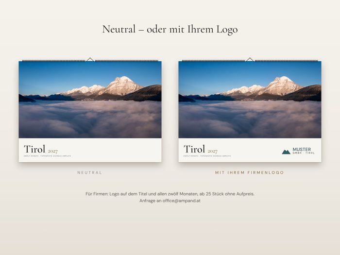 Tirol-Kalender 2027, Titelblatt neutral und mit Firmenlogo